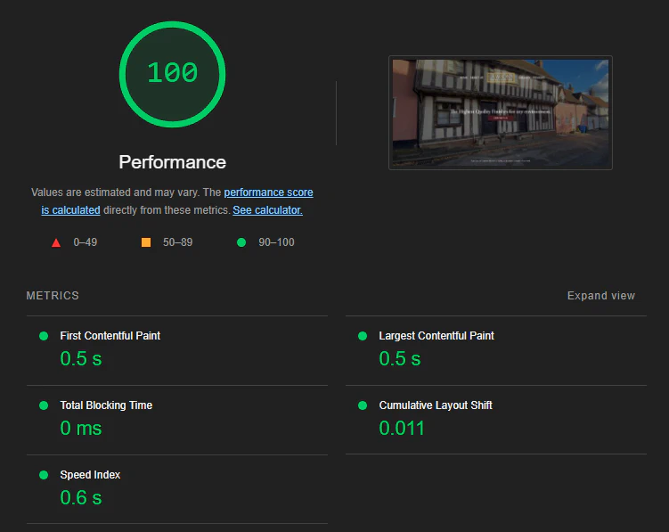 Google Page Insights screenshot showing 100 performance score